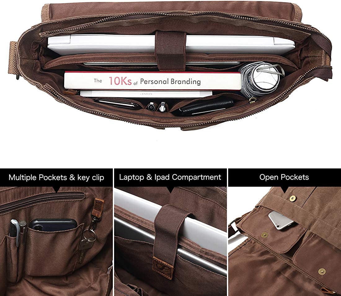 Messenger Bag for Men 15.6 Inch Canvas Laptop Computer Bag Leather Briefcase - Image 6
